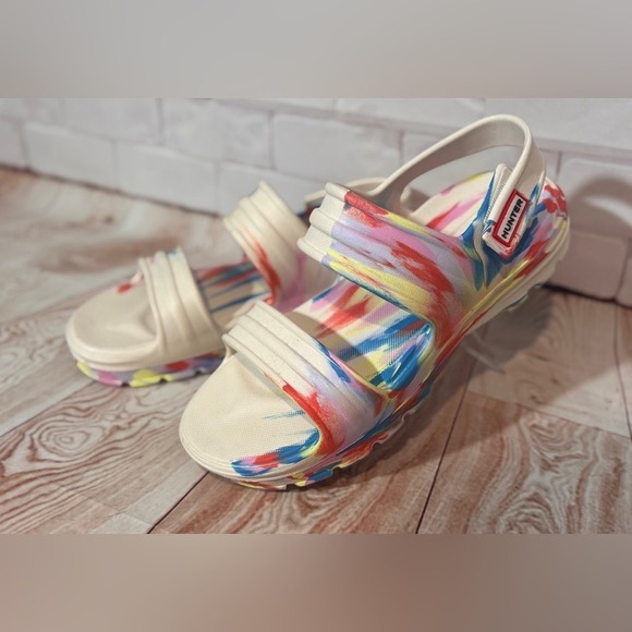 Hunter Rainbow Paint Splash Platform Adjustable strap Sandals size 9 Women's - Picture 2 of 11